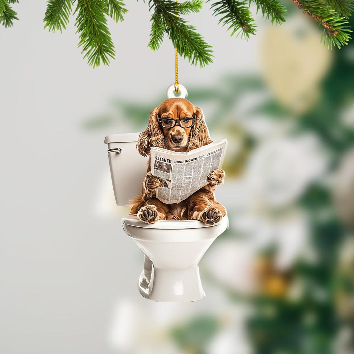 Cocker Spaniel Dog Sitting On Toilet Ornament, Cocker Spaniel Dog Reading Newspaper Ornament