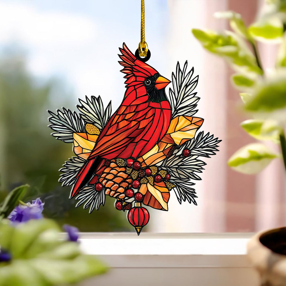 Cardinals Suncatcher, Cardinals Winter Hanging Christmas Ornament