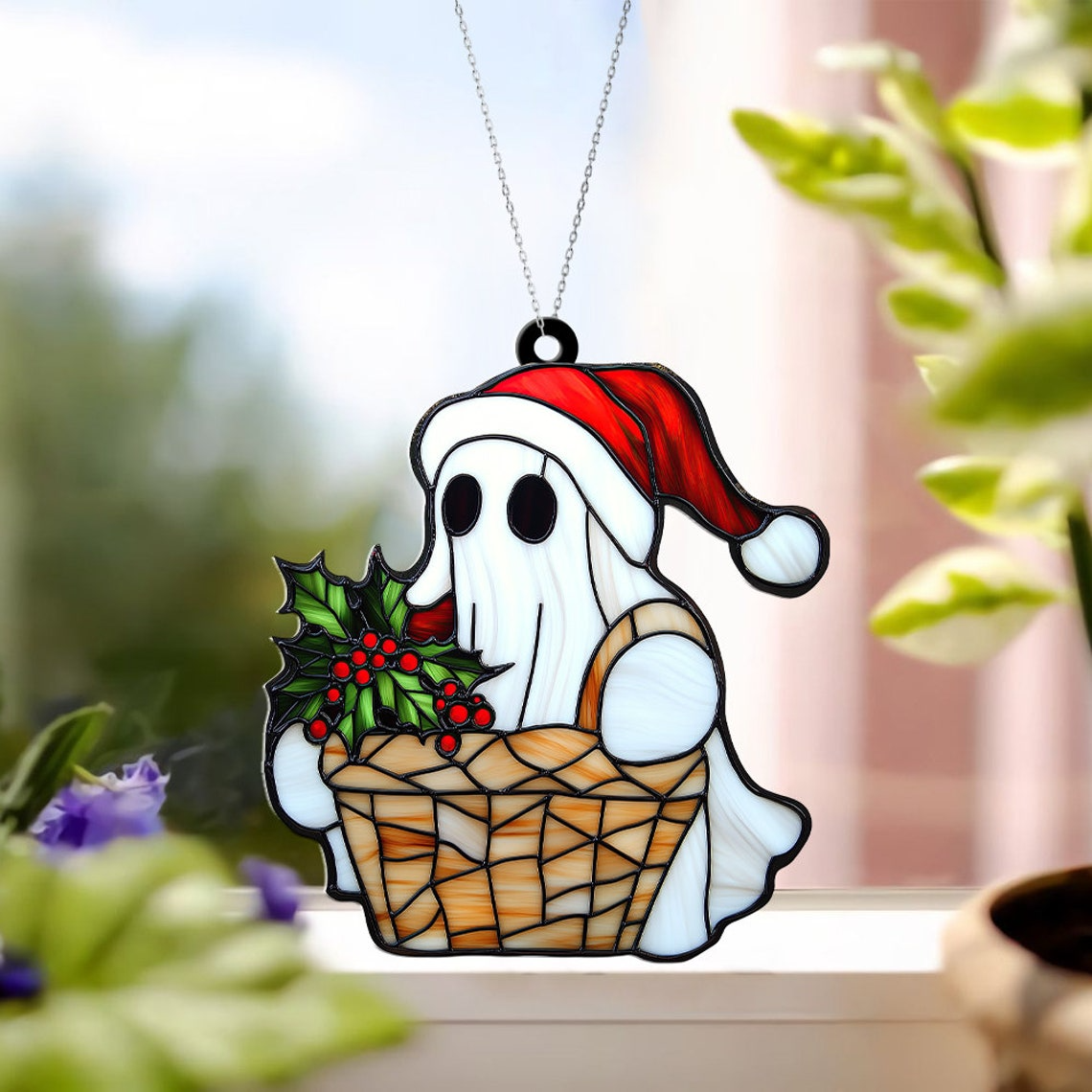 Cute Ghost with Poinsettia Flowers Window Suncatcher, Ghost with Poinsettia Christmas Ornament