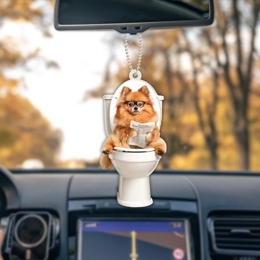 Pomeranian Dog Sit On Toilet Ornament, Pomeranian Dog Car Ornament Christmas Gift