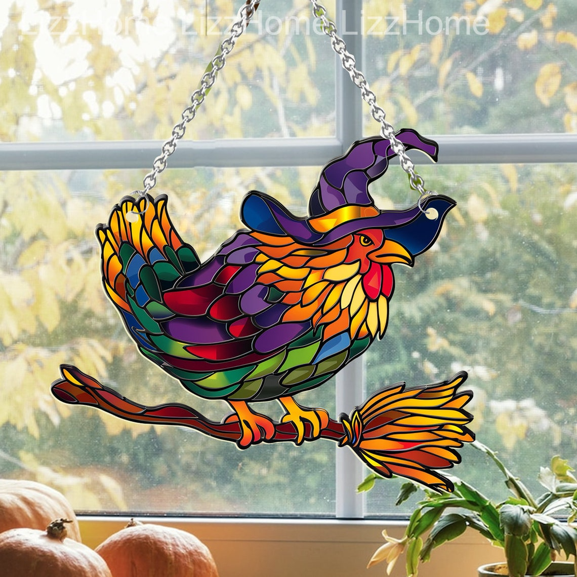 Chicken Witchy Halloween Hanging Suncatcher Ornament, Chicken Suncatcher Ornament Decor