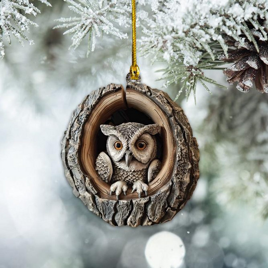 Owl in a Hollow Tree Christmas Ornament, Owl Christmas Hanging Ornament Lovers Holiday