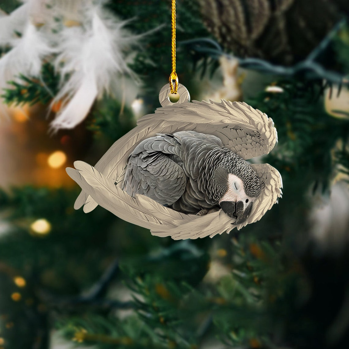 Grey Parrot Sleeping Angel Christmas Ornament, Christmas Grey Parrot Angel Wings Ornament Gift