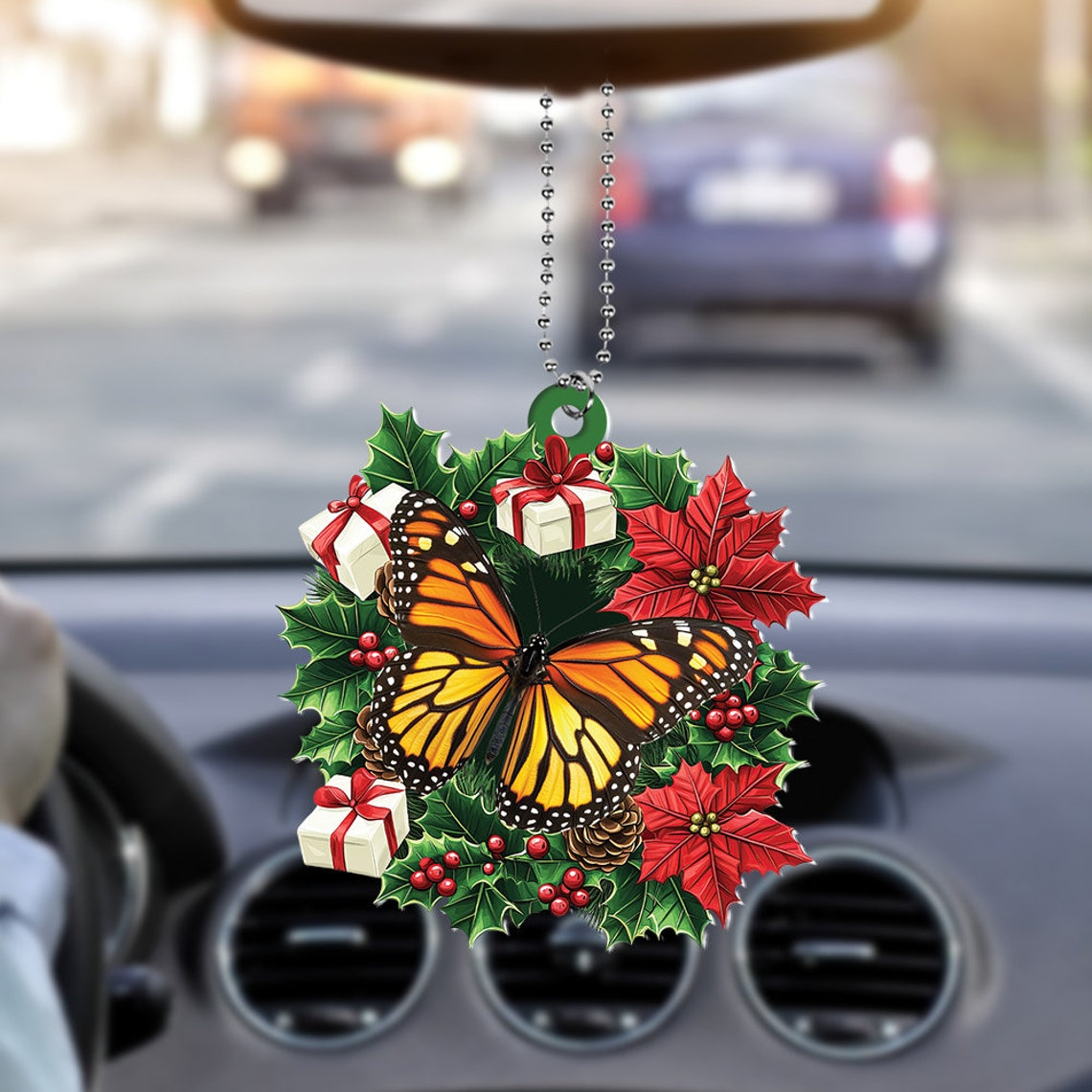 Butterfly Christmas Tree Wreath Ornament, Butterfly Rearview Mirror Car Ornament Holiday Gift