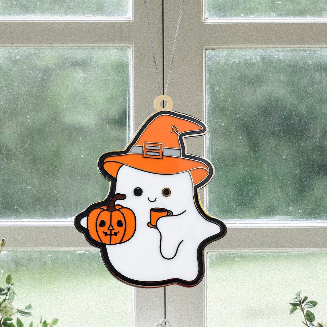 Ghost Tea and Pumpkin Halloween Suncatcher, Halloween Ghost Hanging Ornament Gift