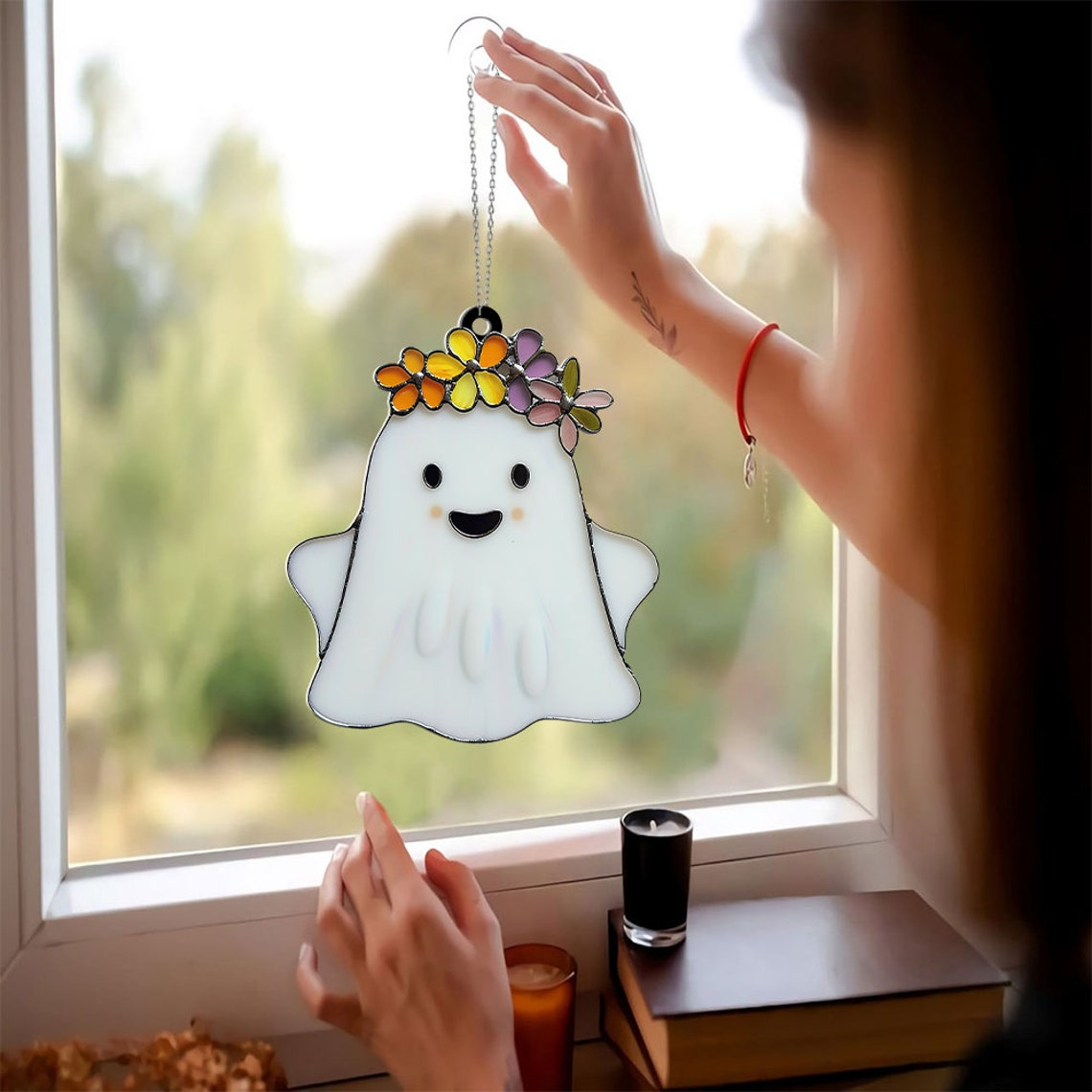 Ghost with Beautiful Smile And Flower Crown Suncatcher, Cute Ghost Halloween Decor