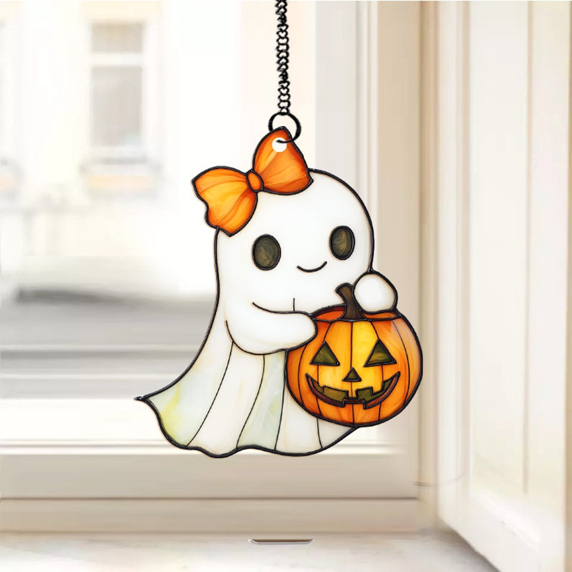 Halloween Girl Ghost with Bow Suncatcher, Cute Ghost Window Hanging Ornament  Decor