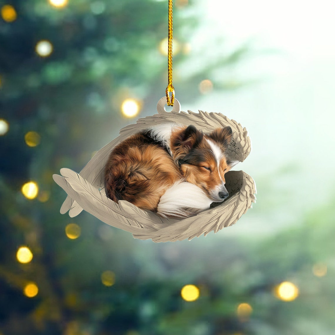 Shetland Sheepdog Sleeping Angel Wings Ornament, Christmas Sheltie Dog Christmas Ornament Gift