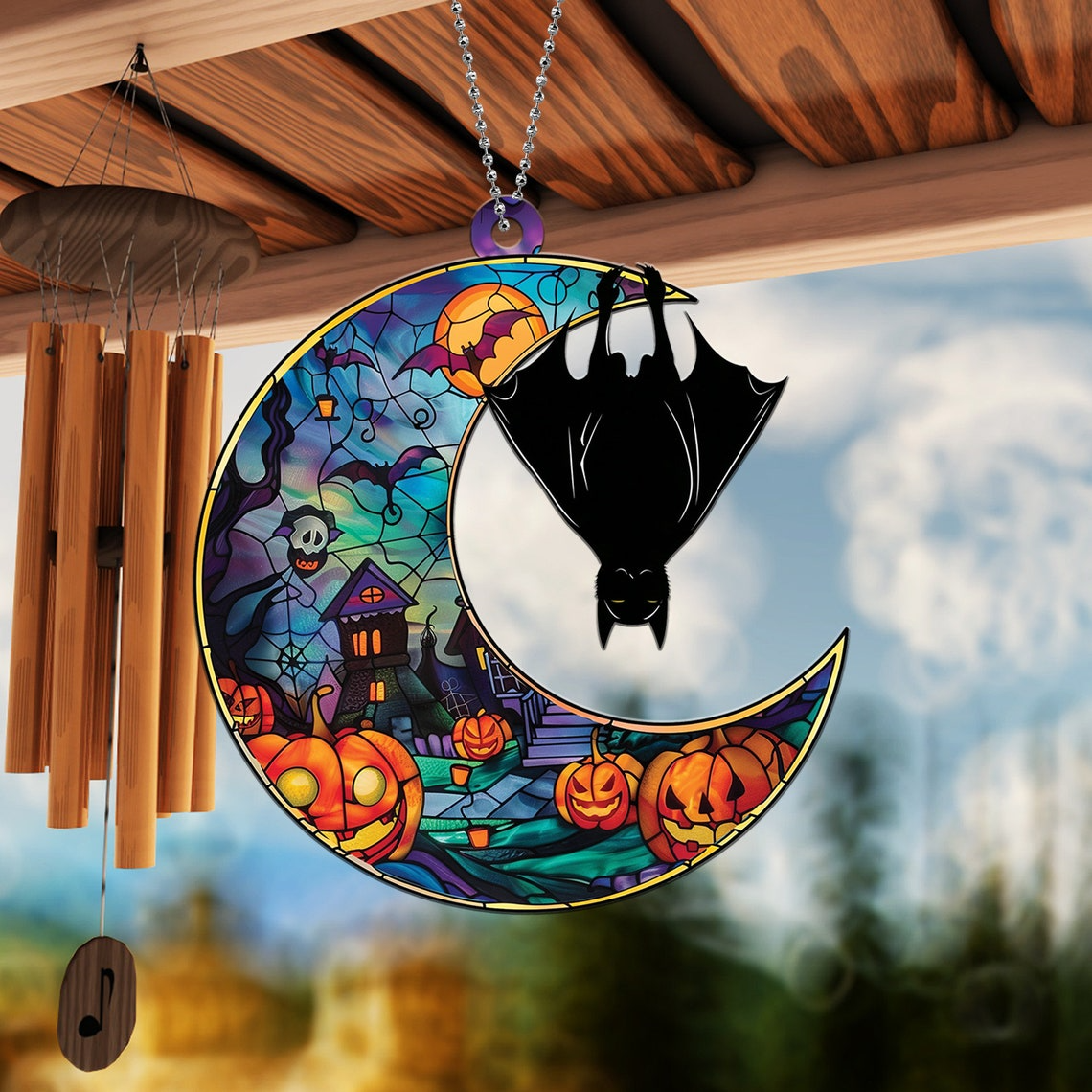 Bat Moon Haunted House Halloween Suncatcher Ornament, Halloween Bat Moon Ornament