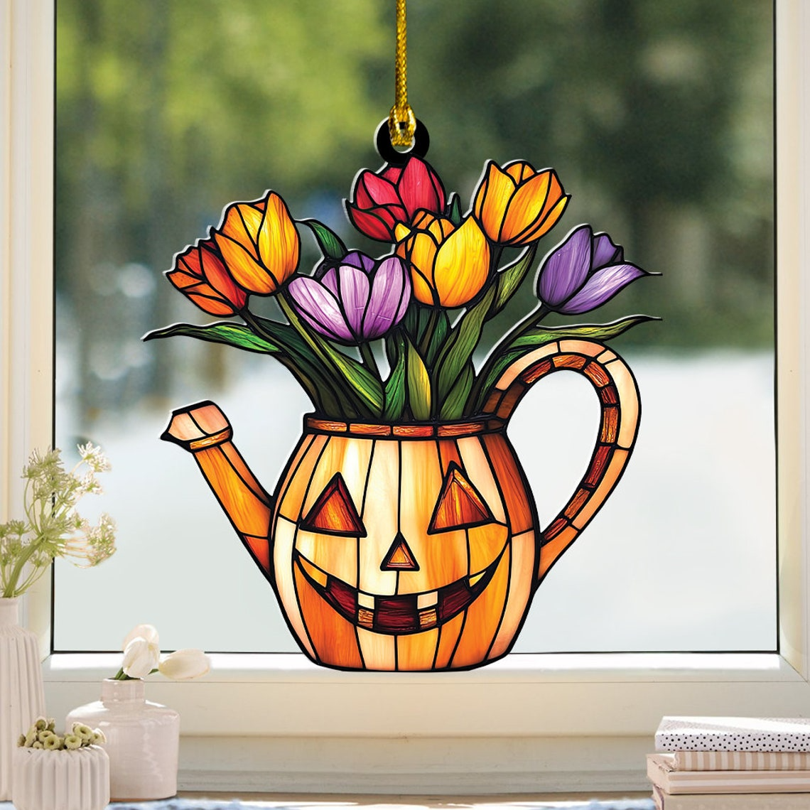 Tulip on Pumpkin Watering Can Suncatcher, Tulip Flowers Ornament Decor