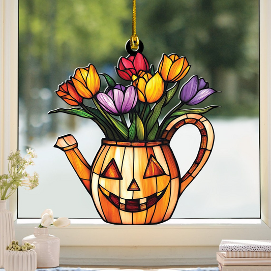 Tulip on Pumpkin Watering Can Suncatcher, Tulip Flowers Ornament Decor