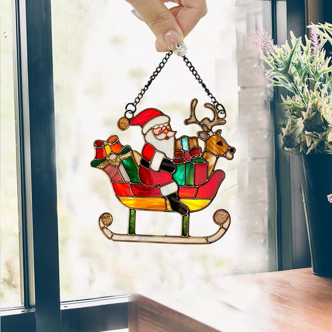 Lovely Santa Sleigh Window Hanging Suncatcher Ornament, Cute Santa Claus Christmas Suncatcher