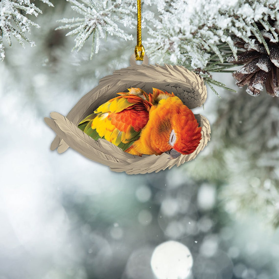 Christmas Sun Conure Sleeping Angel Ornament, Sun Conure Parrot Christmas Ornament Decor