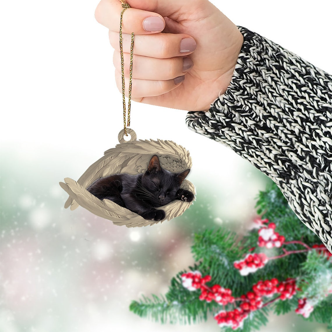 Black Cat Sleeping Angel Ornament Gift, Cute Black Cat Car Hanging Christmas Ornament