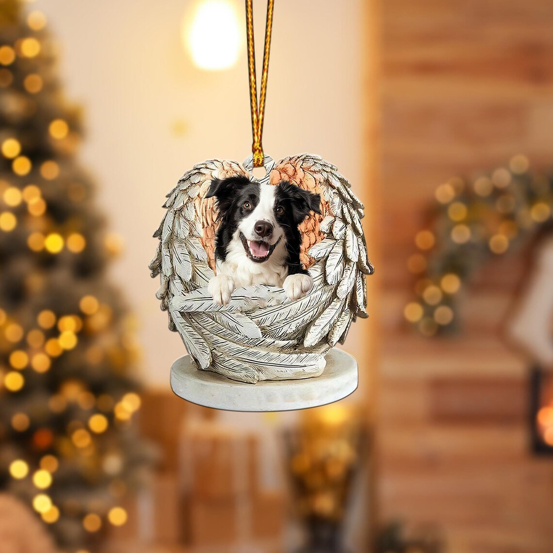 Border Collie Dog Angel Wings Christmas Hanging Ornament, Cute Border Collie Dog Flat Christmas Ornament