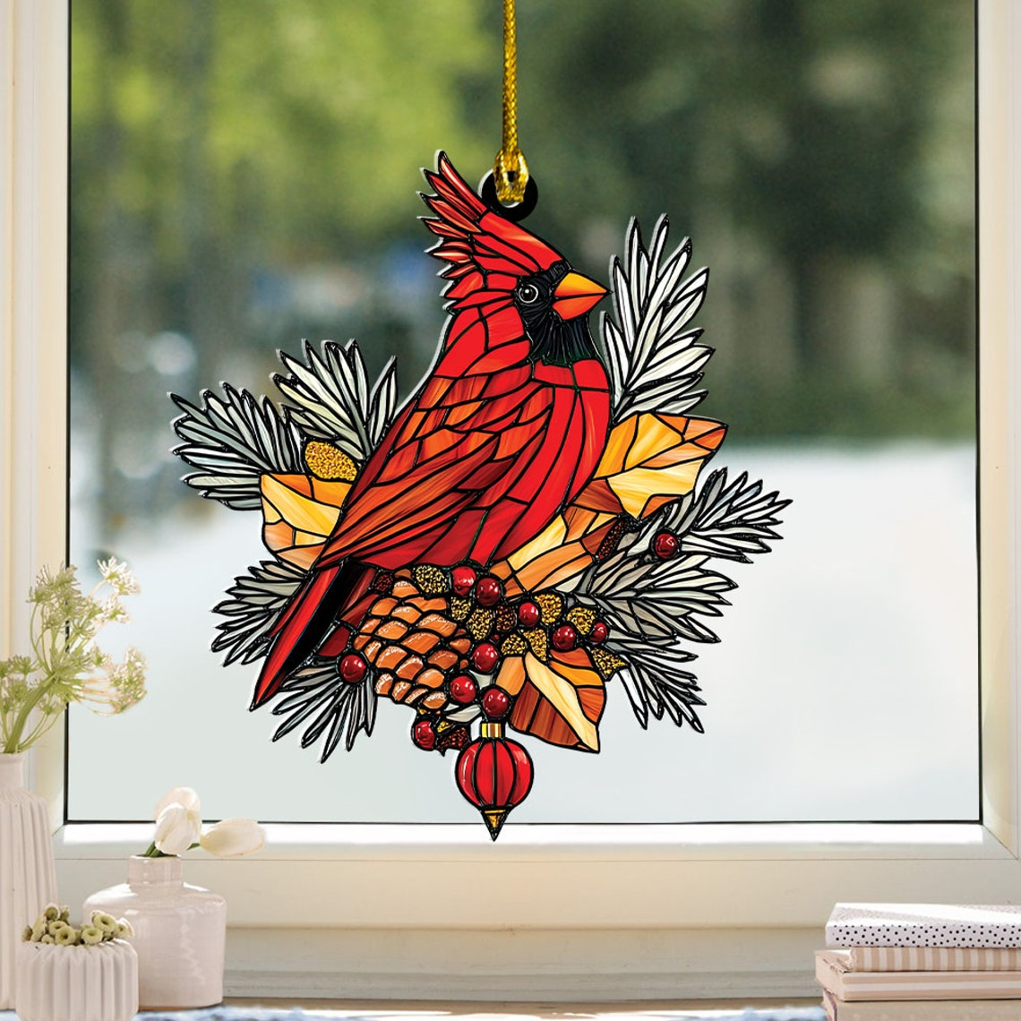 Cardinals Suncatcher, Cardinals Winter Hanging Christmas Ornament