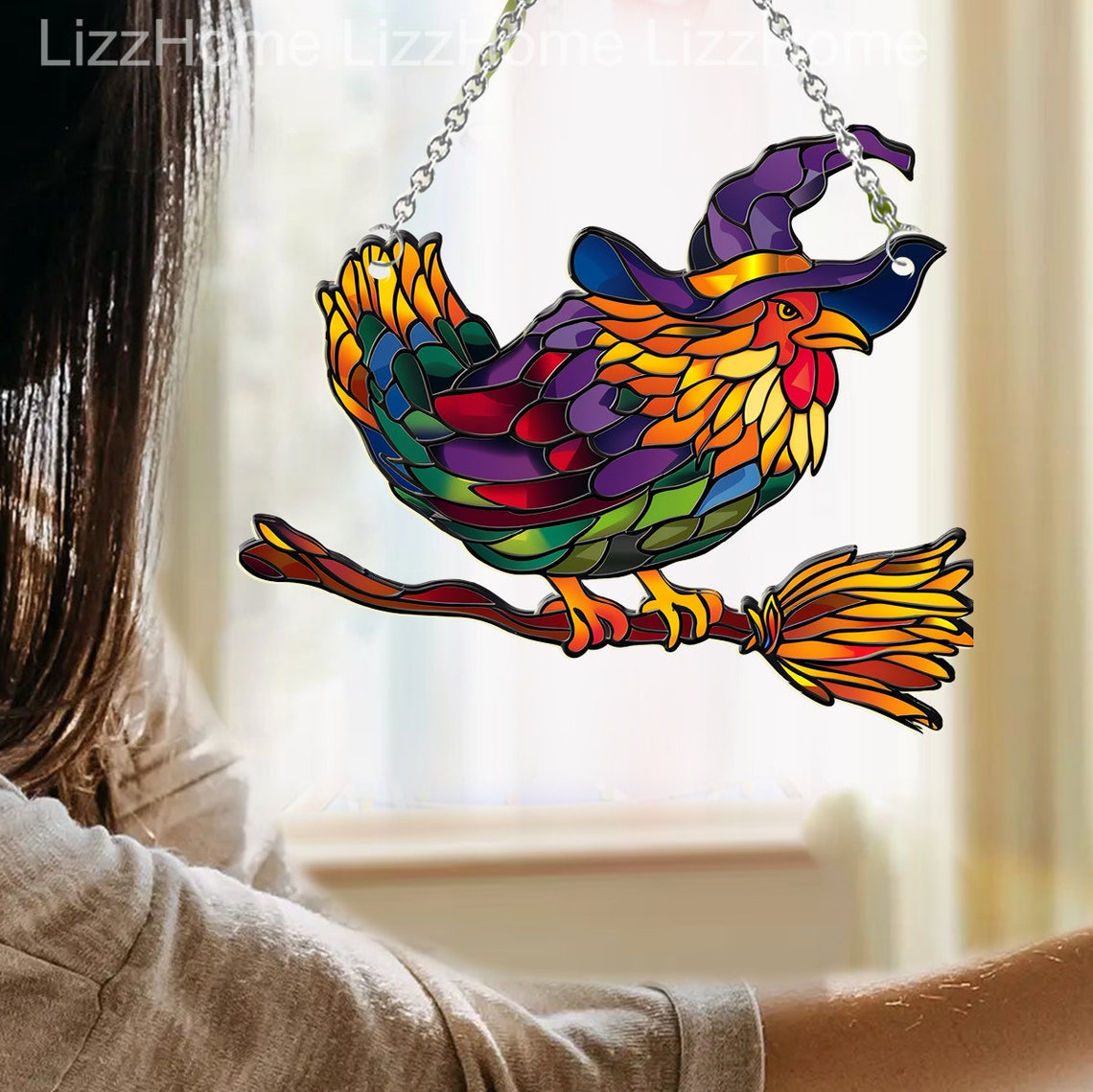 Chicken Witchy Halloween Hanging Suncatcher Ornament, Chicken Suncatcher Ornament Decor