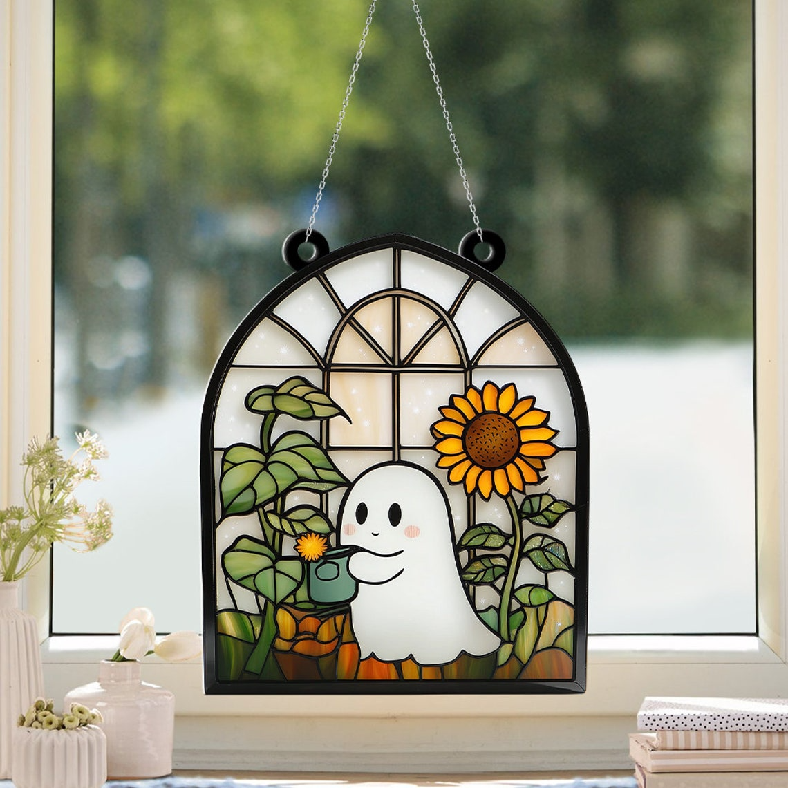 Cute Ghost Planting Halloween Suncatcher, Cute Ghost Suncatcher Decor