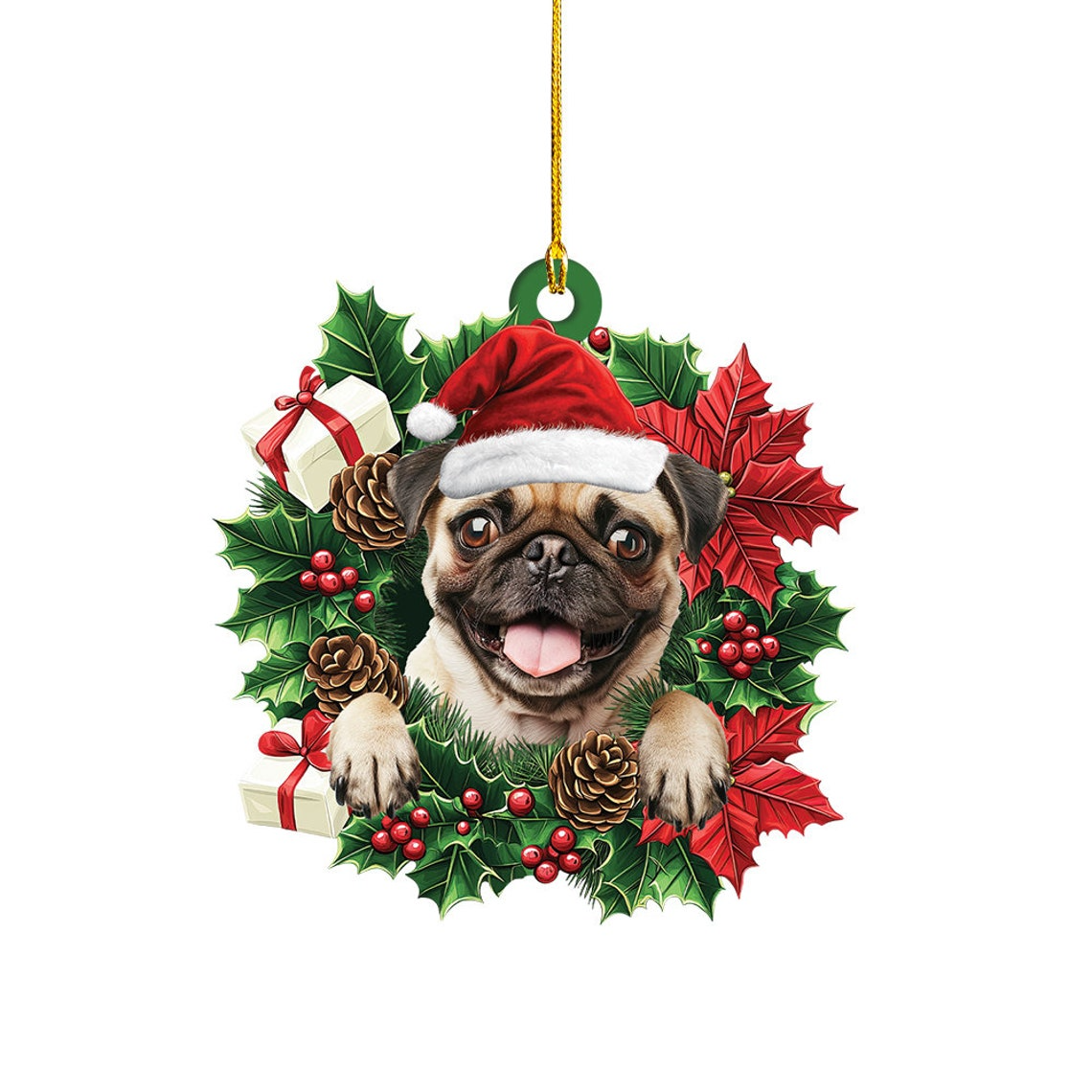 Lovely Pug Dog Christmas Wreath Ornament, Pug Dog Hanging Christmas Tree Ornament Decor