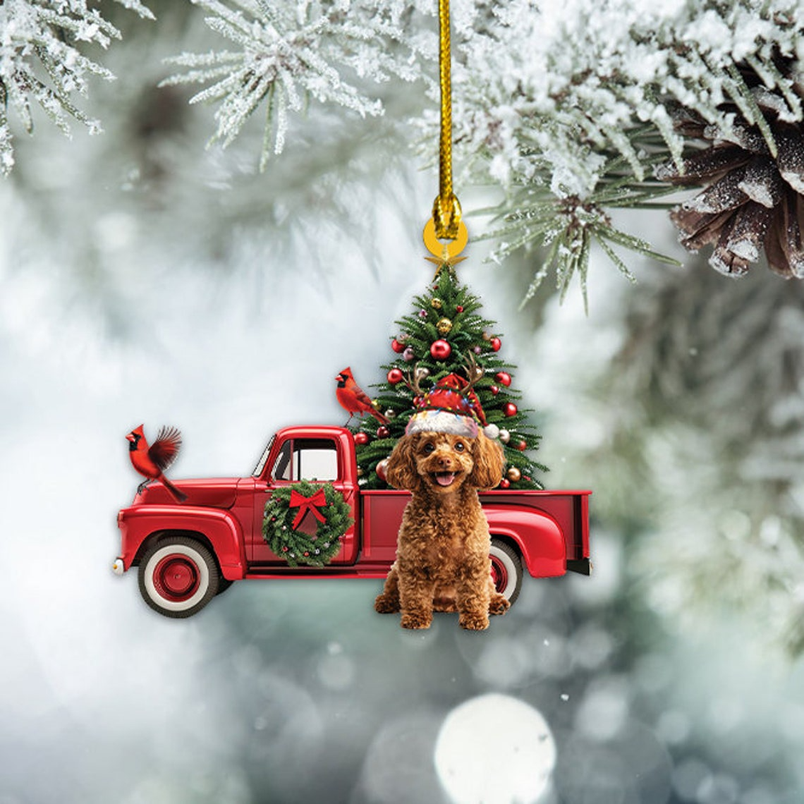 Poodle Dog Red Truck Hanging Christmas Ornament, Poodle Dog Rearview Mirror Car Ornament Decor