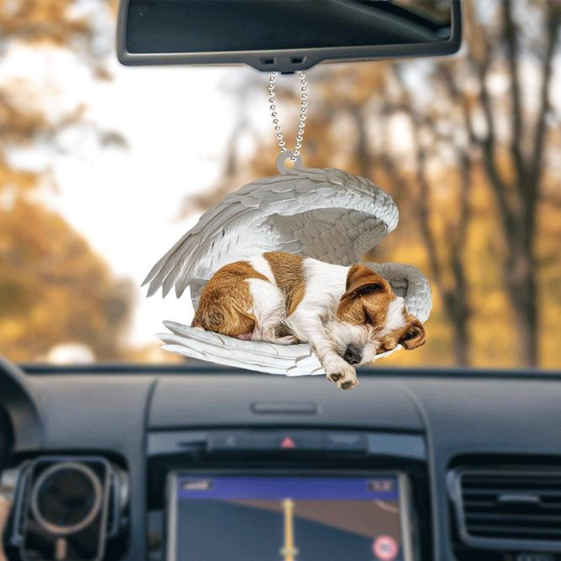 Parson Russell Terrier Dog Angel Wings Car Hanging Ornament, Terrier Dog Sleeping Angel Ornament Decor Gift