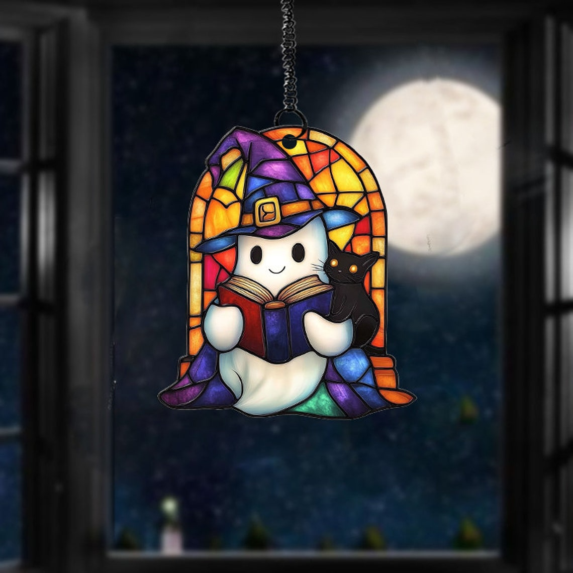 Cute Ghost and Cat Witchy Halloween Suncatcher, Window Hanging Decor