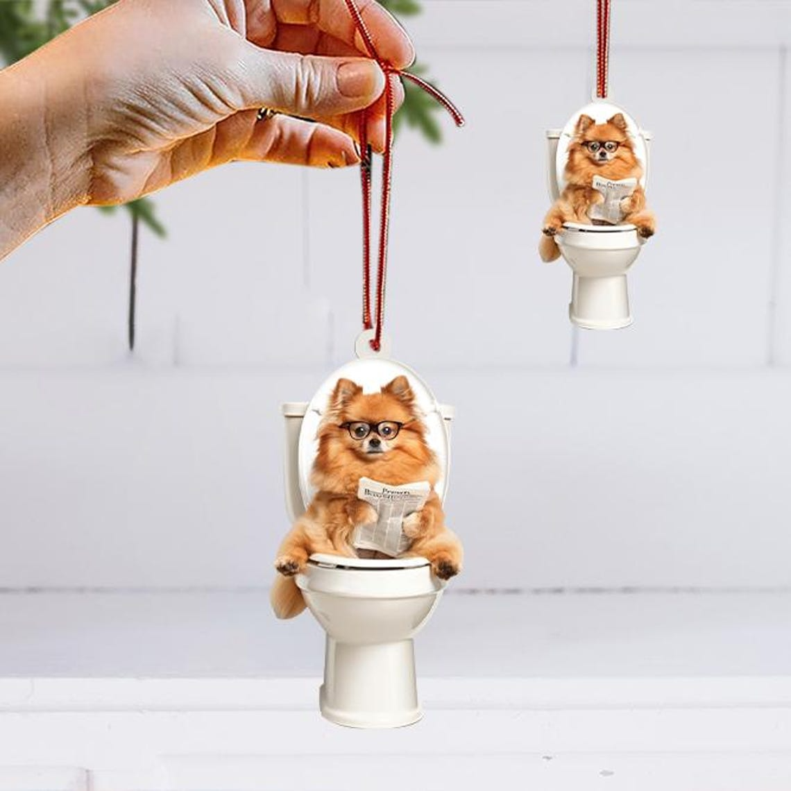 Pomeranian Dog Sit On Toilet Ornament, Pomeranian Dog Car Ornament Christmas Gift