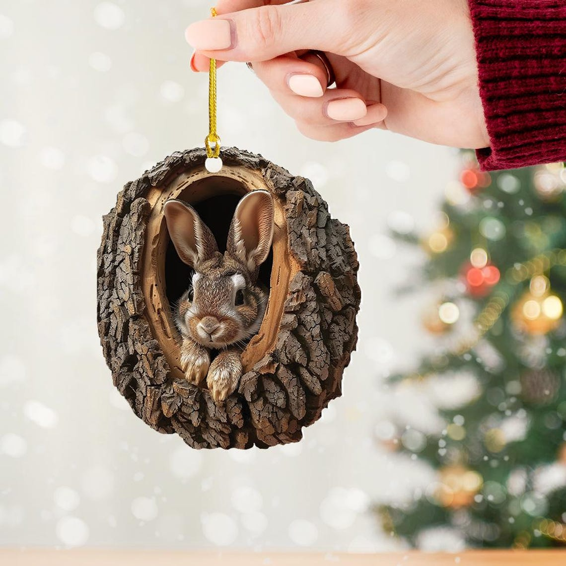 Cute Bunny Flat Christmas Ornament, Bunny Hanging Christmas Ornament Holiday Decor Gift