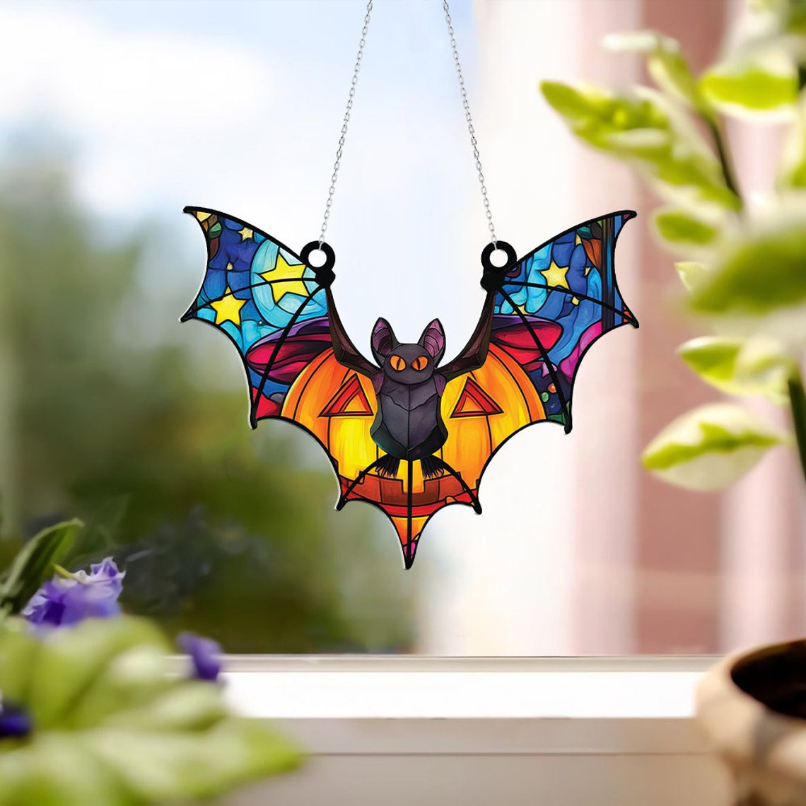 Bat Fly Hanging Suncatcher Ornament, Halloween Window Suncatcher Ornament