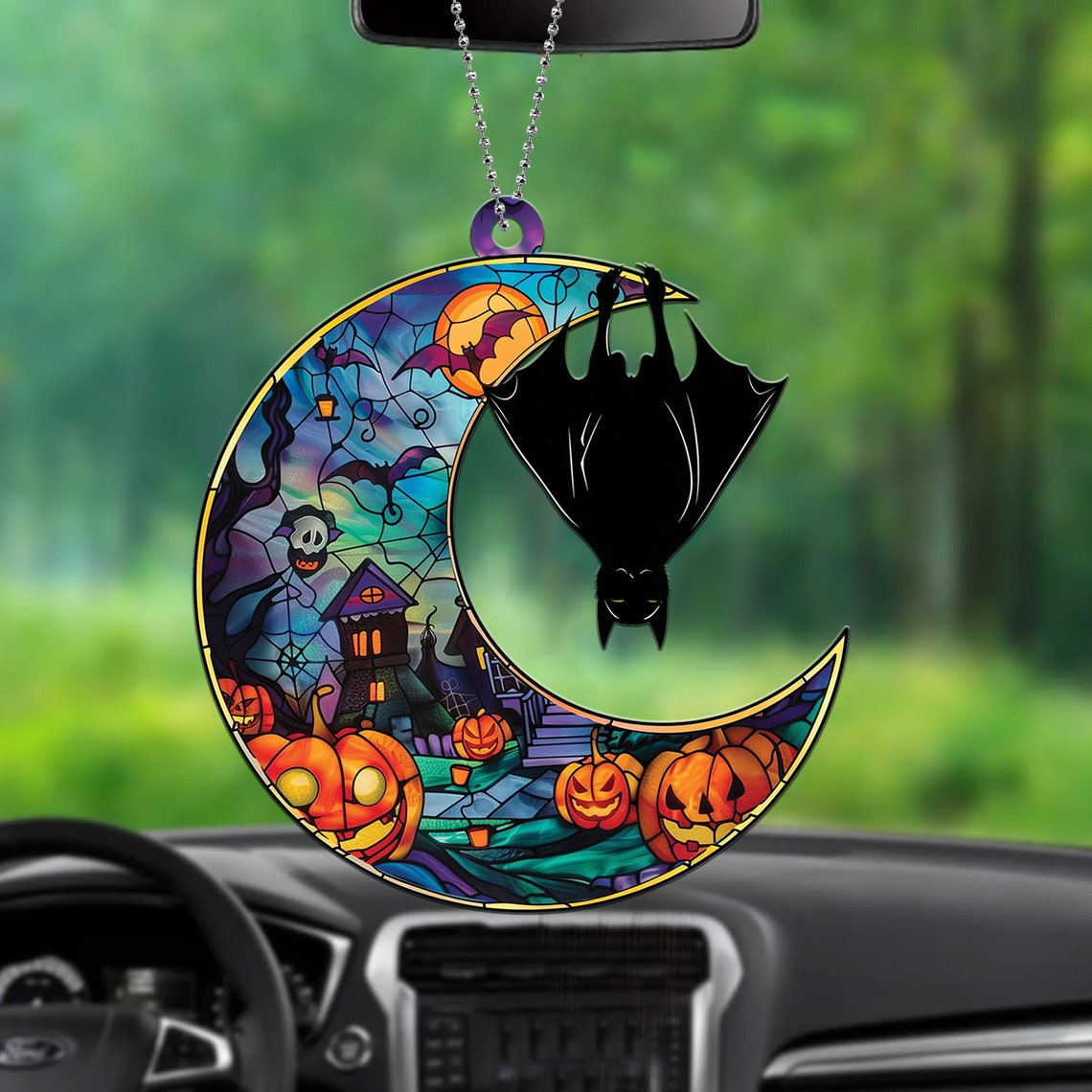 Bat Moon Haunted House Halloween Suncatcher Ornament, Halloween Bat Moon Ornament