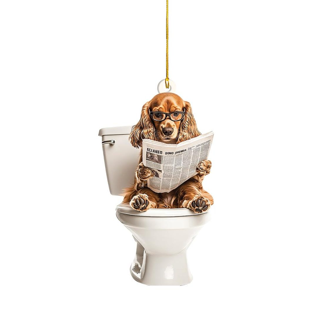 Cocker Spaniel Dog Sitting On Toilet Ornament, Cocker Spaniel Dog Reading Newspaper Ornament