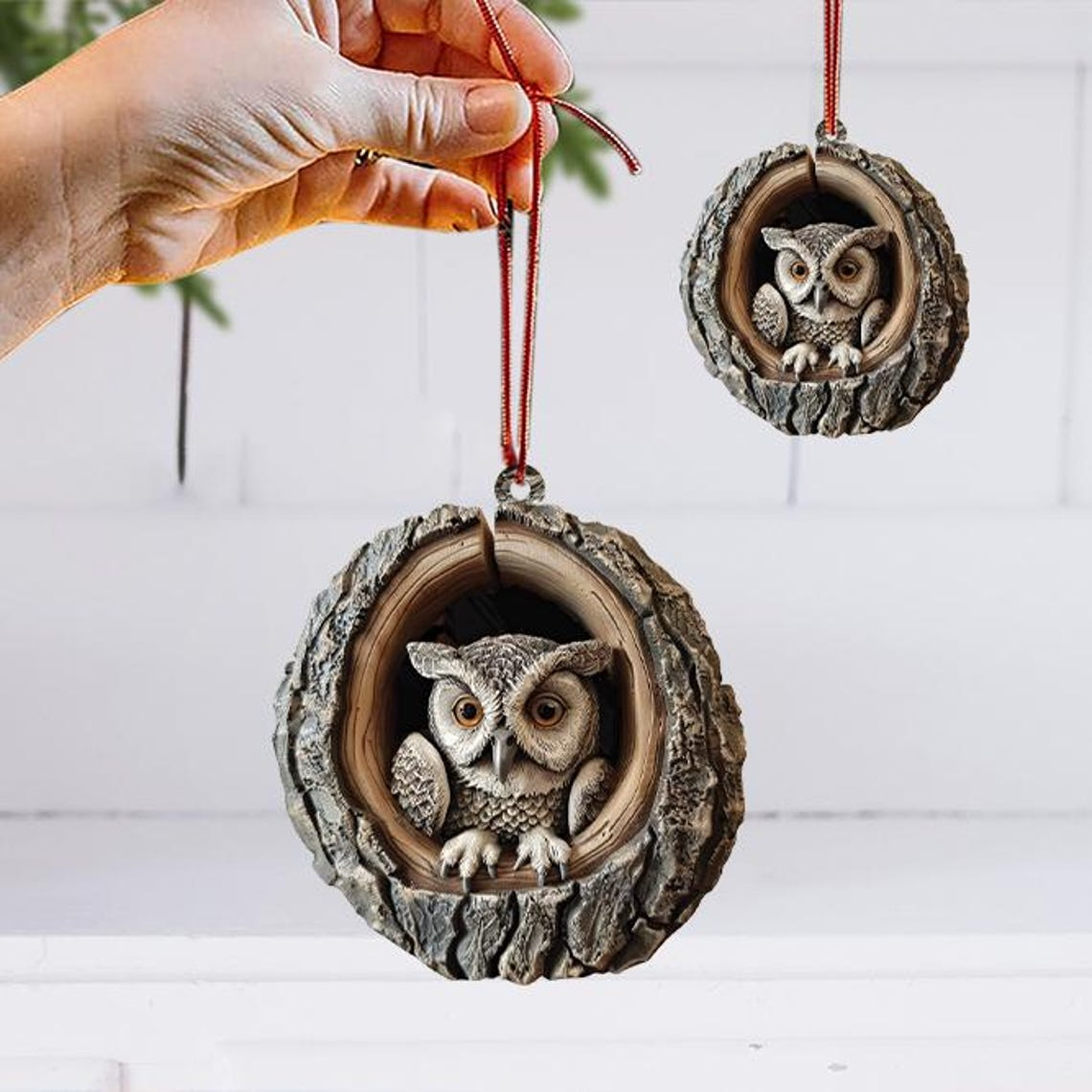 Owl in a Hollow Tree Christmas Ornament, Owl Christmas Hanging Ornament Lovers Holiday