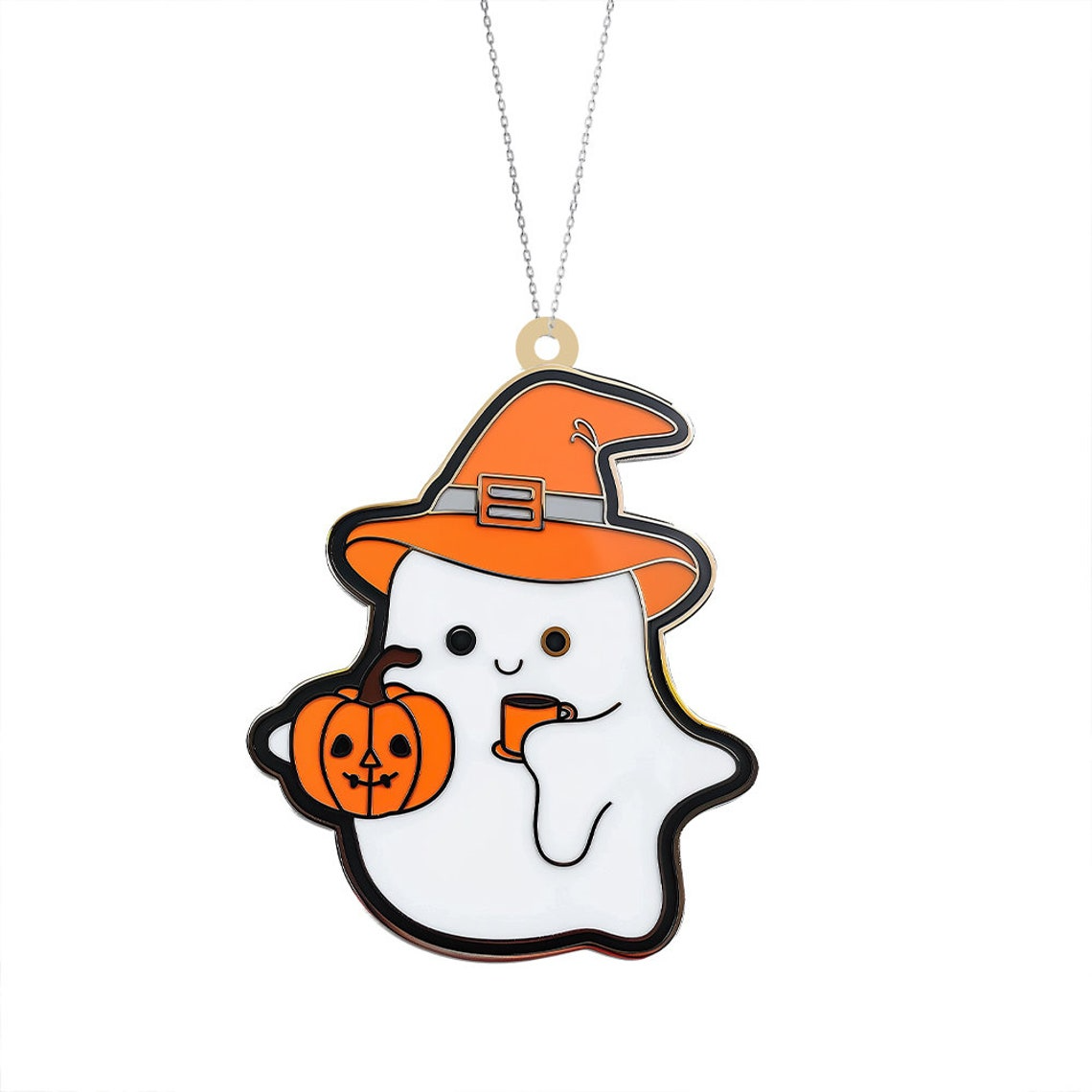 Ghost Tea and Pumpkin Halloween Suncatcher, Halloween Ghost Hanging Ornament Gift