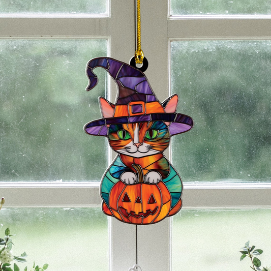 Cat Witch Pumpkin Halloween Suncatcher Ornament, Cat Witch Hanging Ornament Home Decor