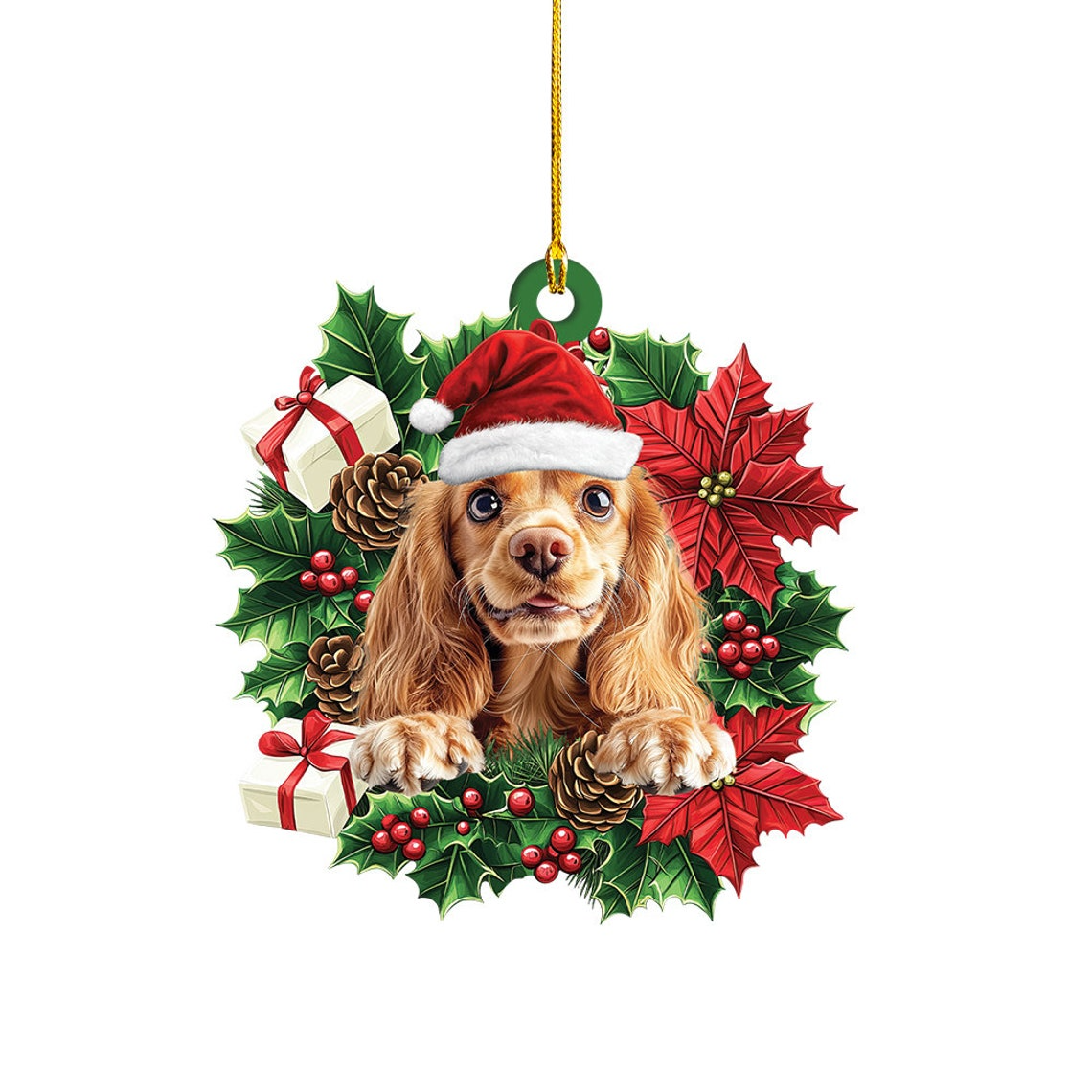 Cocker Spaniel Dog Hanging Christmas Wreath Ornament, Cocker Spaniel Dog Christmas Tree Ornament