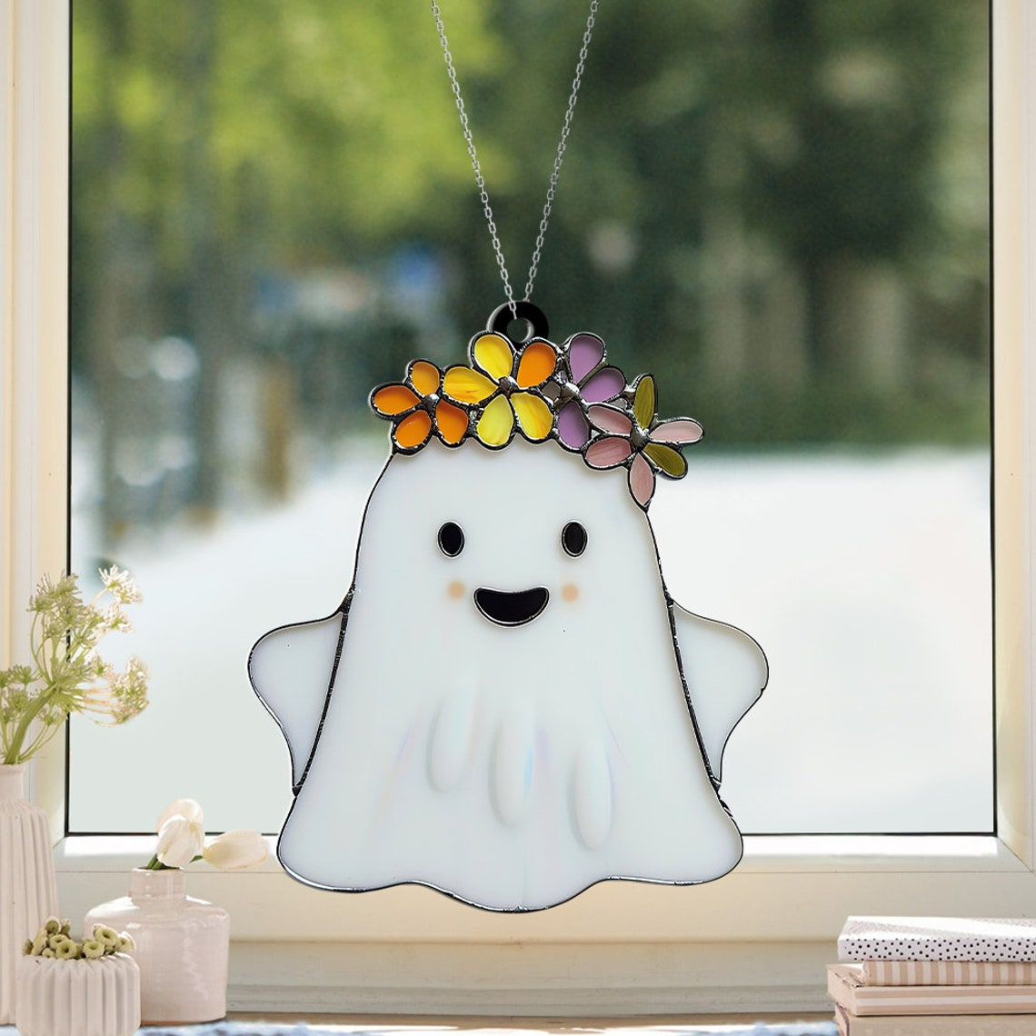 Ghost with Beautiful Smile And Flower Crown Suncatcher, Cute Ghost Halloween Decor