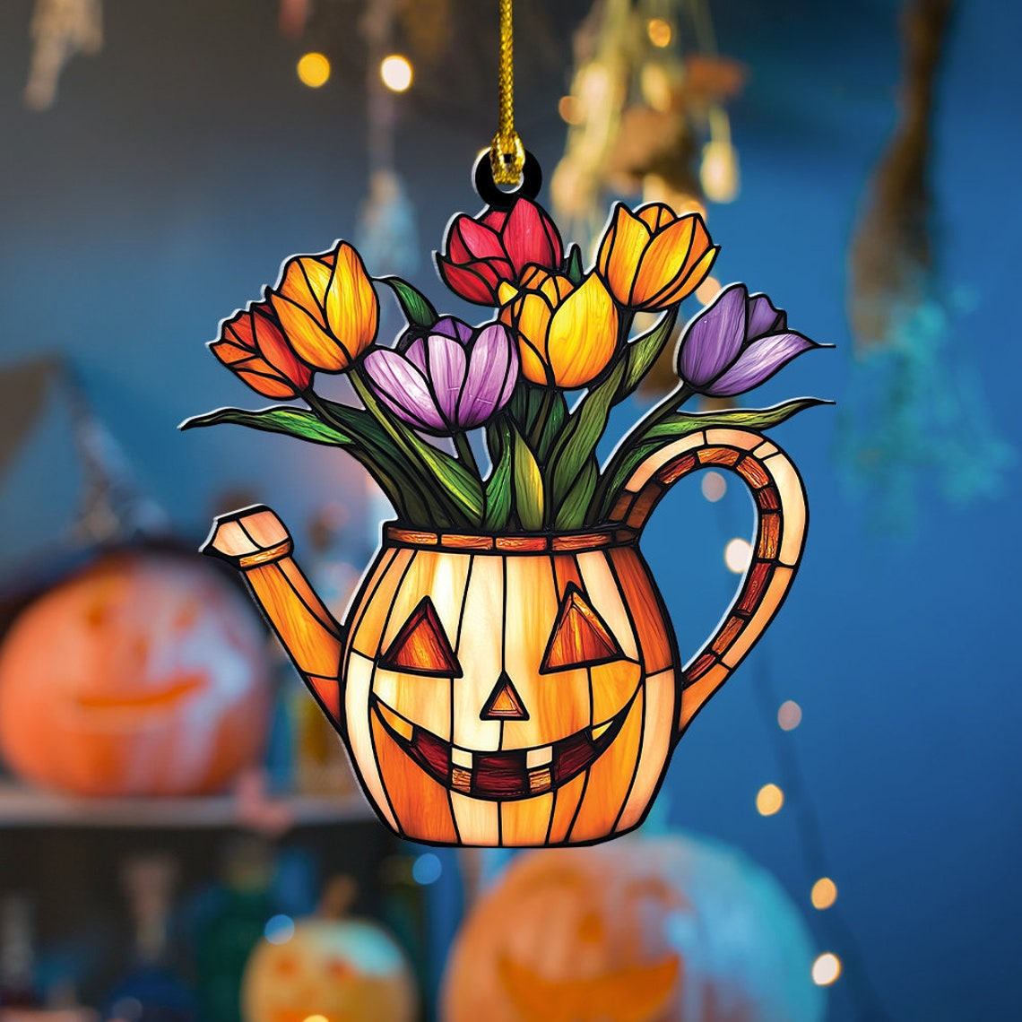 Tulip on Pumpkin Watering Can Suncatcher, Tulip Flowers Ornament Decor