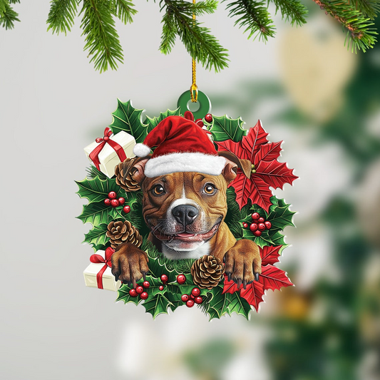 Staffordshire Bull Terrier Dog Christmas Wreath Ornament, Staffy Dog Christmas Ornament Decor Gift