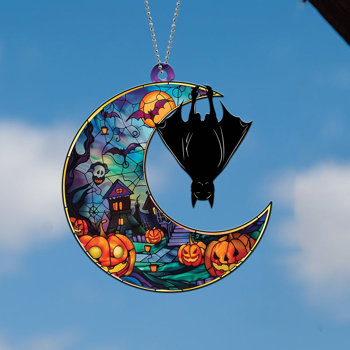 Bat Moon Haunted House Halloween Suncatcher Ornament, Halloween Bat Moon Ornament