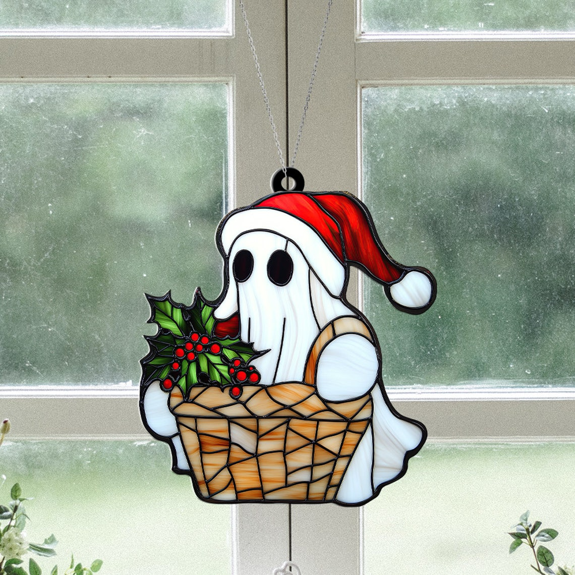 Cute Ghost with Poinsettia Flowers Window Suncatcher, Ghost with Poinsettia Christmas Ornament