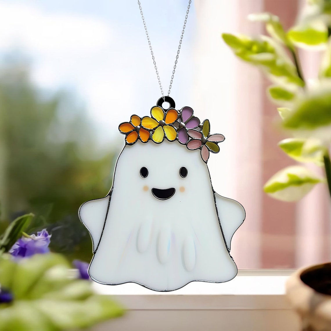 Ghost with Beautiful Smile And Flower Crown Suncatcher, Cute Ghost Halloween Decor