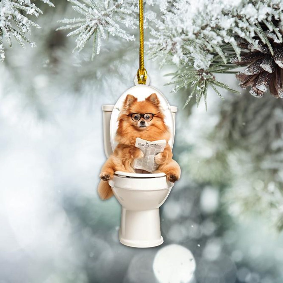 Pomeranian Dog Sit On Toilet Ornament, Pomeranian Dog Car Ornament Christmas Gift