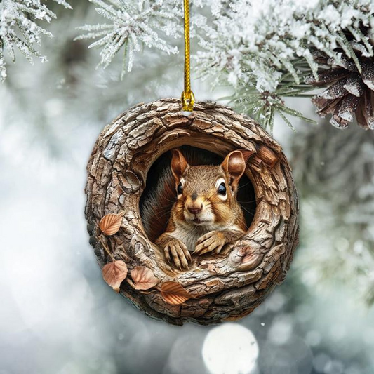 Squirrel in a Hollow Tree Seeing Outside Ornament, Squirrel Hanging Christmas Ornament