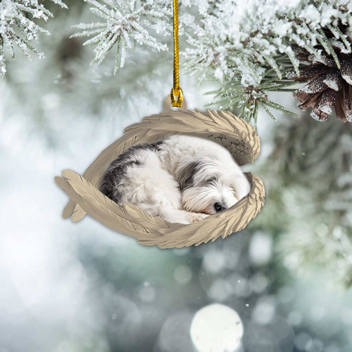 Old English Sheepdog Sleeping Angel Wings Ornament, Old English Sheepdog Christmas Ornament Gift