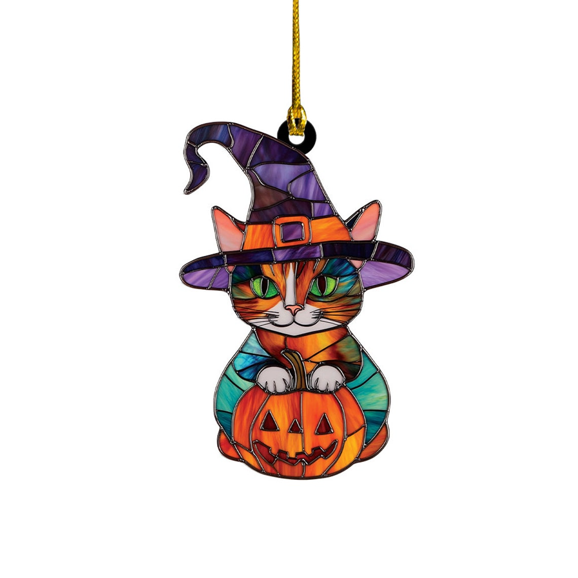 Cat Witch Pumpkin Halloween Suncatcher Ornament, Cat Witch Hanging Ornament Home Decor