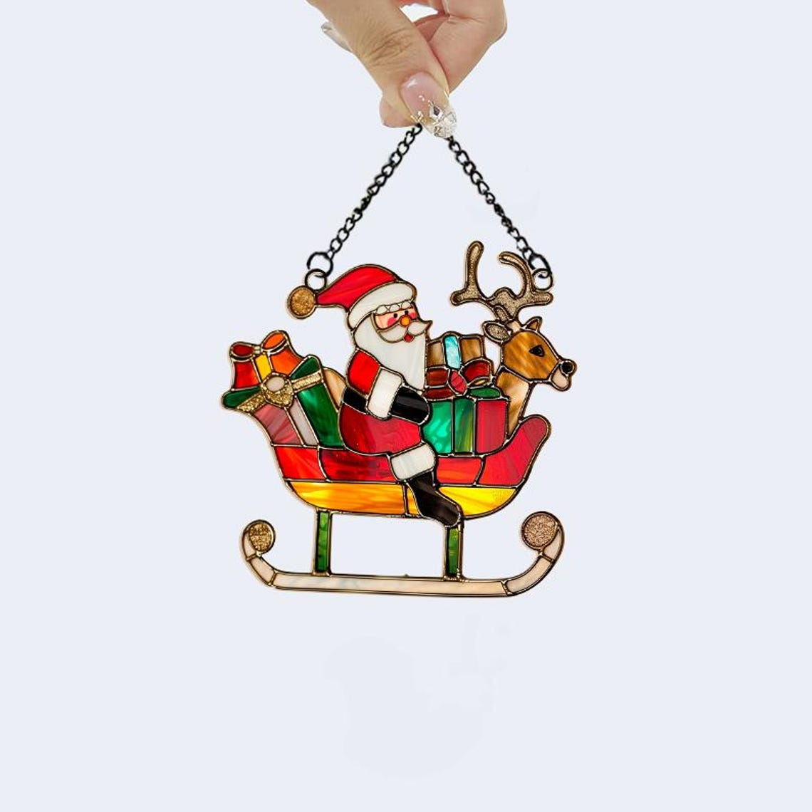 Lovely Santa Sleigh Window Hanging Suncatcher Ornament, Cute Santa Claus Christmas Suncatcher