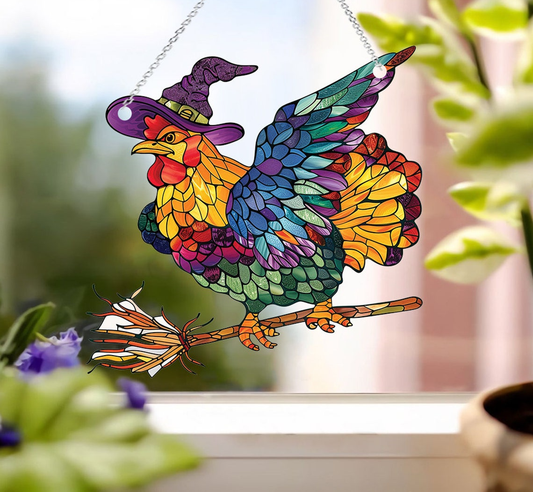 Witch Chicken Flying Halloween Suncatcher Ornament, Halloween Chicken Hanging Ornament