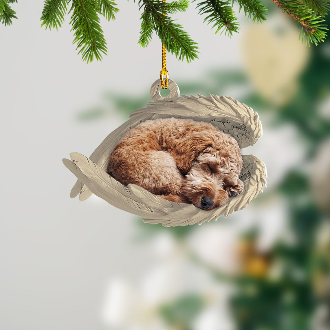 Labradoodle Dog Sleeping Angel Wings Ornament, Labradoodle Dog Christmas Ornament