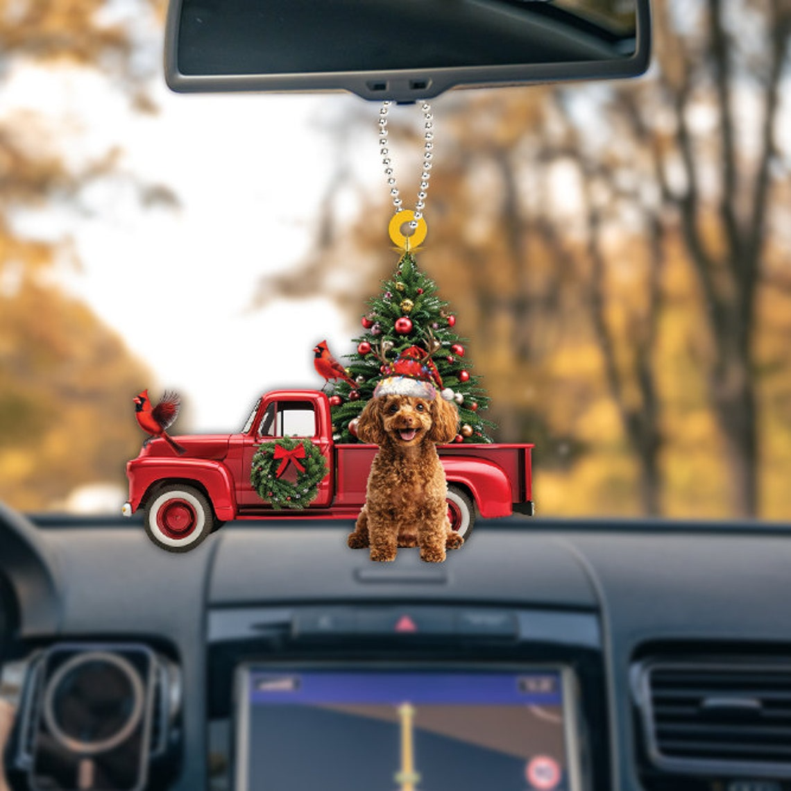 Poodle Dog Red Truck Hanging Christmas Ornament, Poodle Dog Rearview Mirror Car Ornament Decor