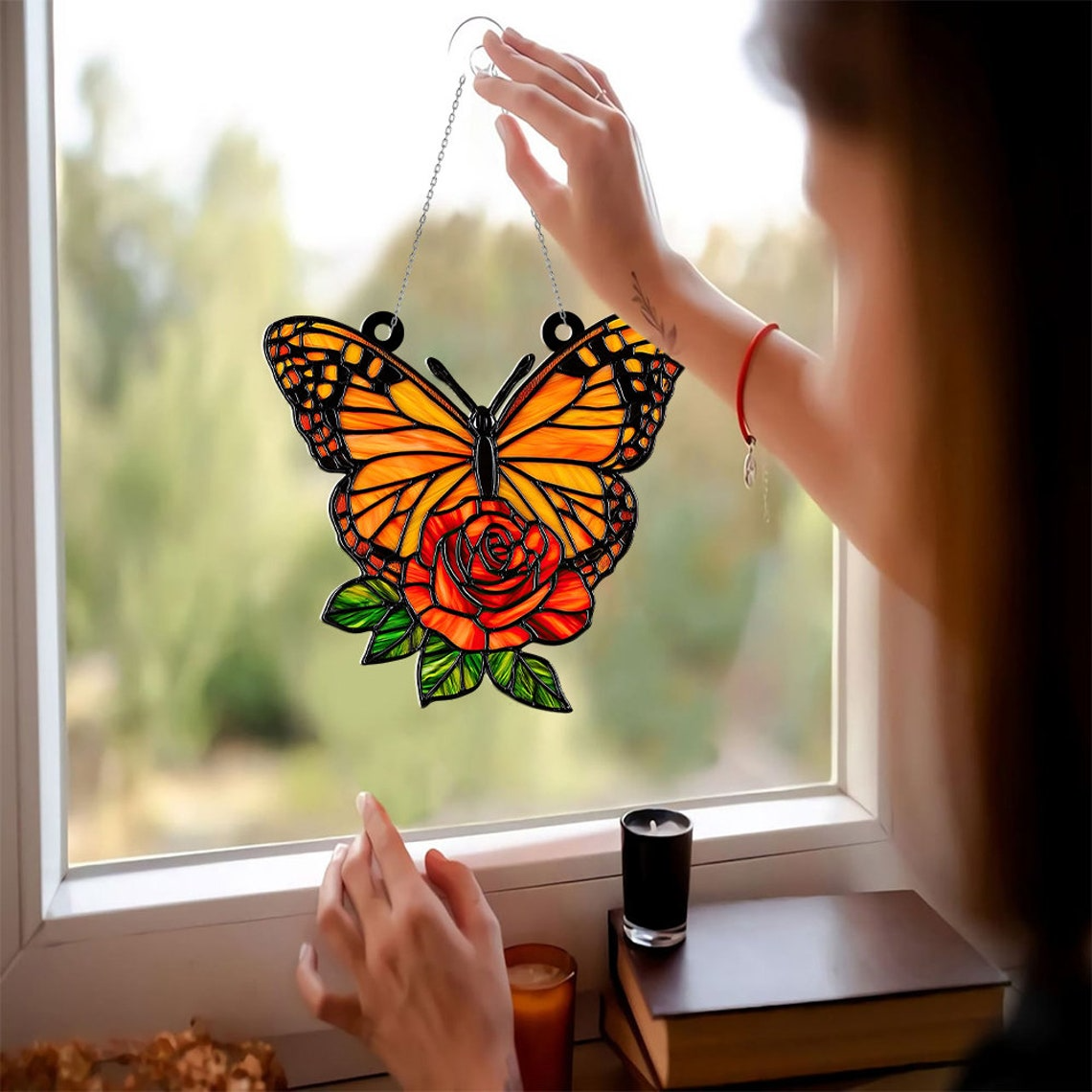 Flower Rose Butterfly Suncatcher, Rose Butterfly Sun Light Catcher Decor